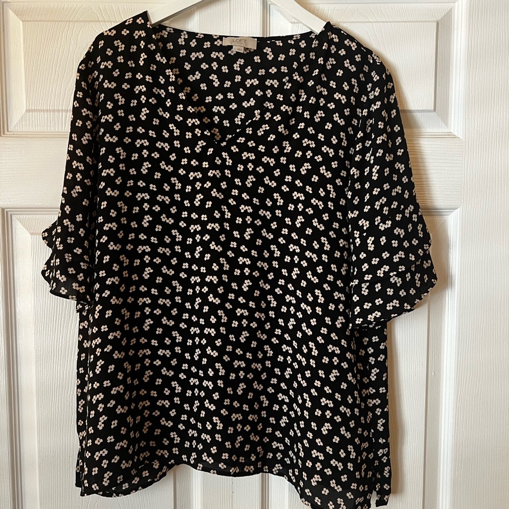 LOFT Black Blouse with White Floral Design